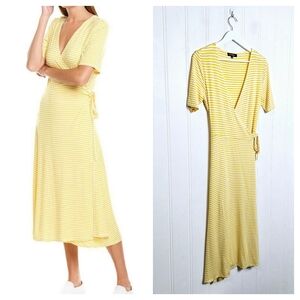 525 America Wrap Midi Dress Womens Size S Lemon Yellow White Stripe Cinch Waist